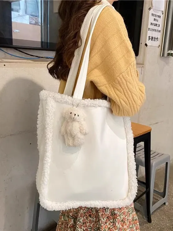 Women Shoulder Crossbody Bag PU Leather Faux Lamb Wool Patchwork Large Capacity Tote With Plush Bear Pendant