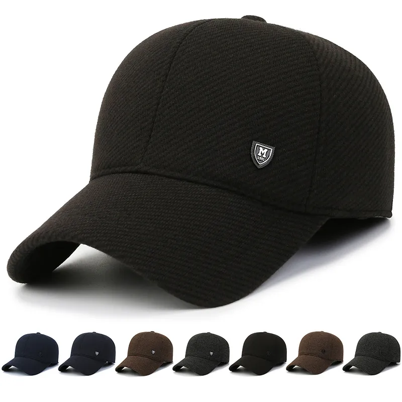 Men Winter Baseball Cap Polyester Twill Fleece Lined Ear Flaps Warm Outdoor Thickened Hat Metal Emblem Adjustable