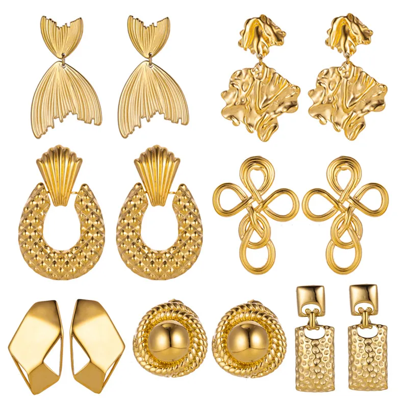 Orecchini a Goccia in Acciaio al Titanio con Coda di Balena Per Donna Oro 14K Geometrici Texture Martellata Gioielli