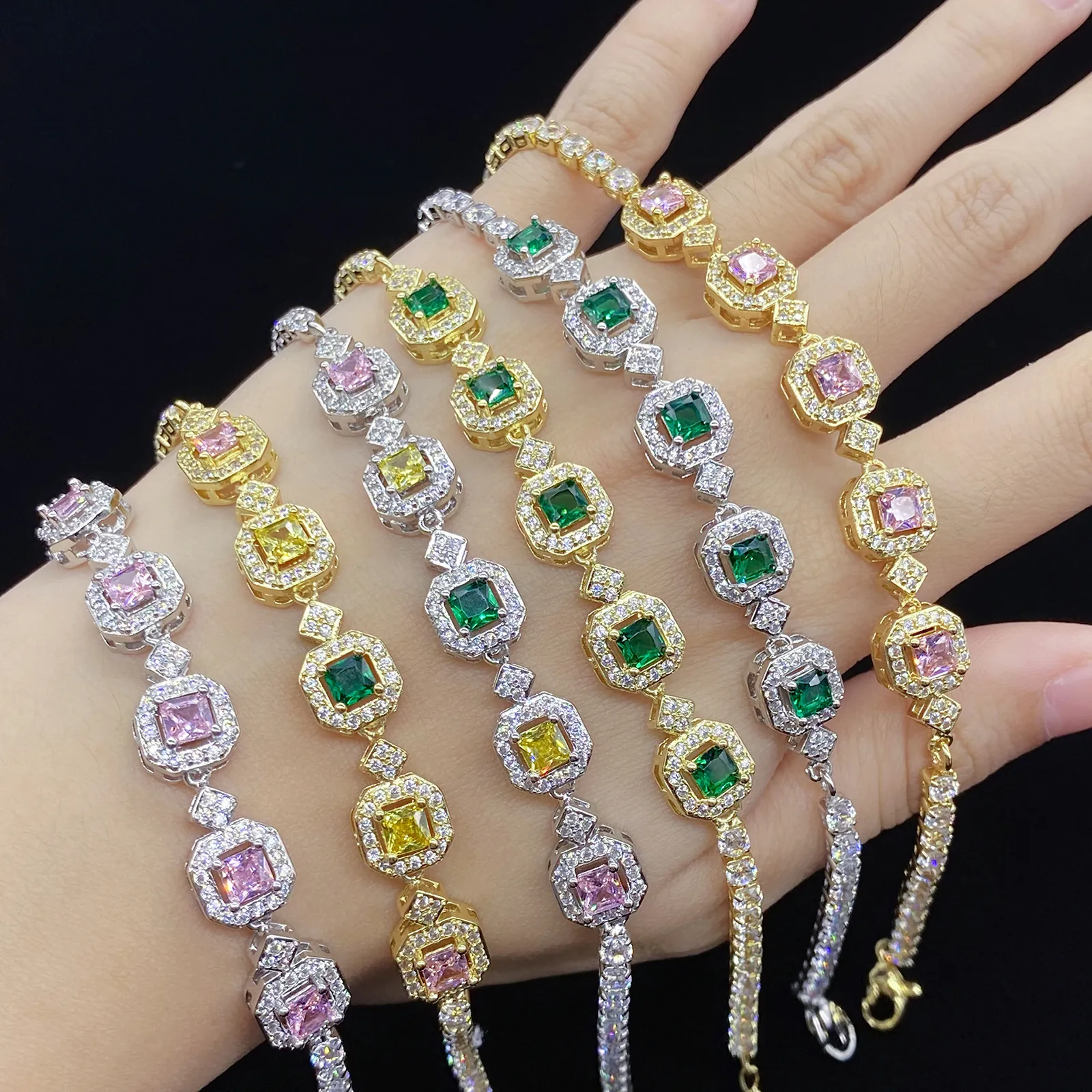Luxuriöses Farbiges Zirkonia Prinzessin Quadrat Armband Für Damen Silber Gold Galvanisiert Vollstrass Tennis Armband Schmuck