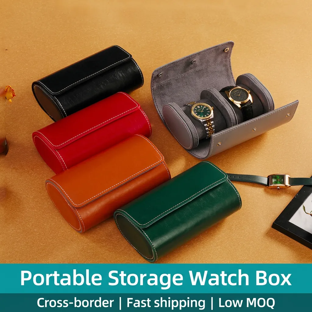 Portable PU Leather Watch Roll Storage Box Travel Watch Organizer Cylindrical Display Case With Velvet Lining For Men Women