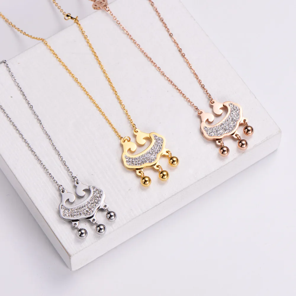 Stainless Steel Long Life Lock Pendant Necklace With Zircon Traditional Ruyi Style Jewelry For Women