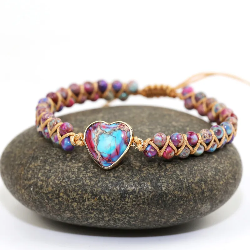 Handmade Woven Natural Stone Beaded Bracelet Heart Pendant Adjustable Wax Rope Bohemian Ethnic Jewelry Unisex Couples