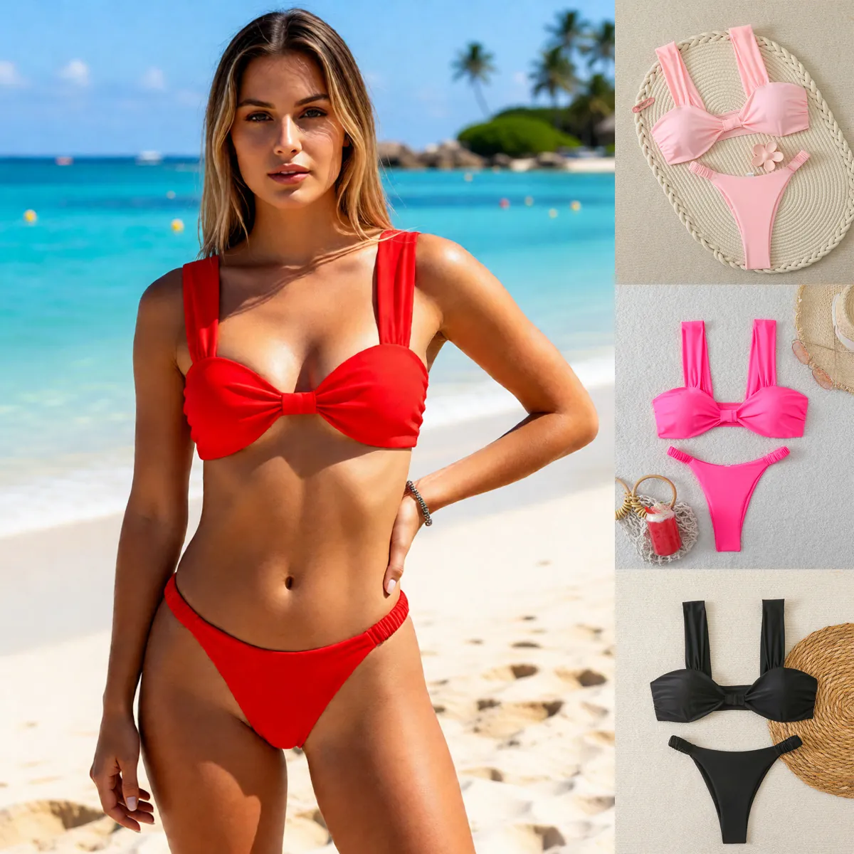 Haut Et Bas De Bikini Couleur Unie Larges Bretelles Noeud Plissé Coupe Haute Nylon Maillot De Bain Sexy Plage Femmes