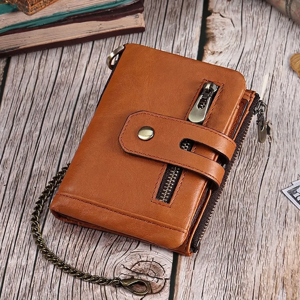 Vintage Genuine Leather Wallet RFID Blocking Anti Theft Metal Chain Card Holder Multiple Zipper Cowhide Purse