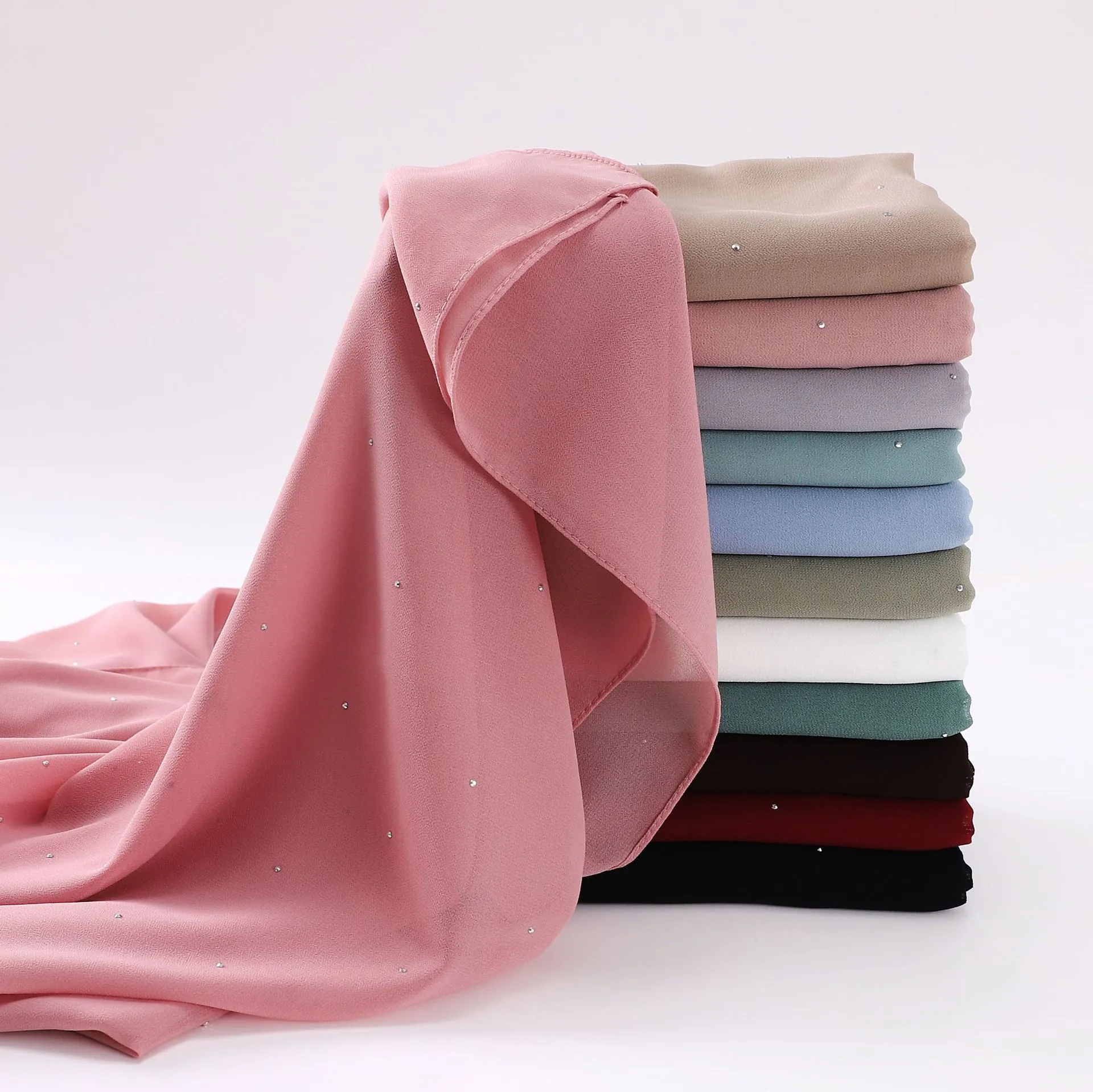 Women Chiffon Scarf Elegant Rhinestone Hijab Solid Color Lightweight Breathable Long Shawl Fashion Wrap For Lady
