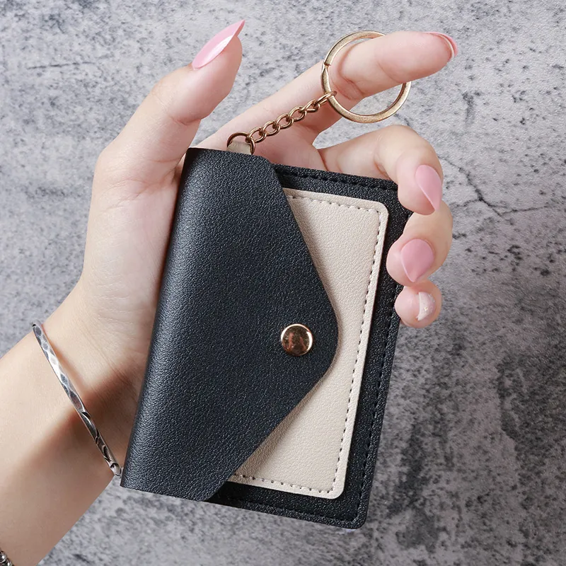 Women PU Leather Card Holder Wallet Contrast Color Envelope Style With Keychain Snap Button Lychee Texture