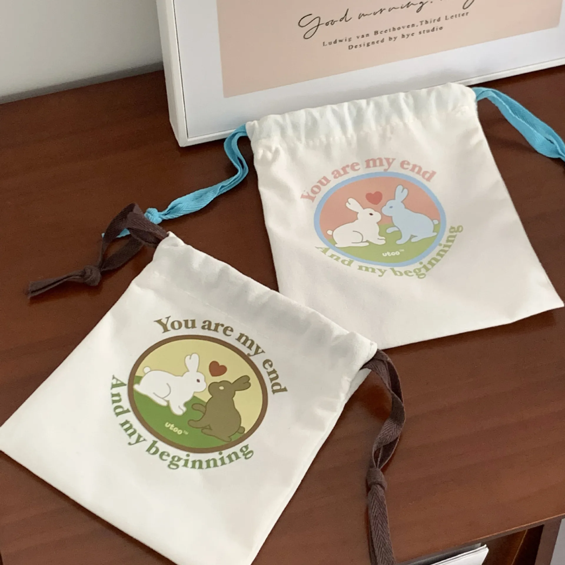 Cute Rabbit Canvas Drawstring Bag Portable Storage Pouch For Travel Toiletries Makeup Stationery Organizer