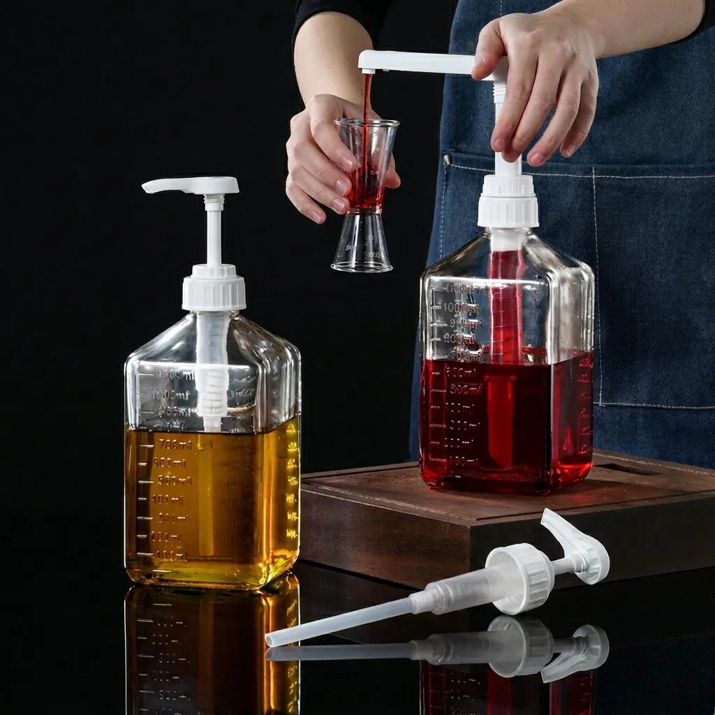 Syrup Dispenser Bottle With Pressure Pump Graduated Glass Plastic 304 Stainless Steel For Coffee Honey Fructose Sauce