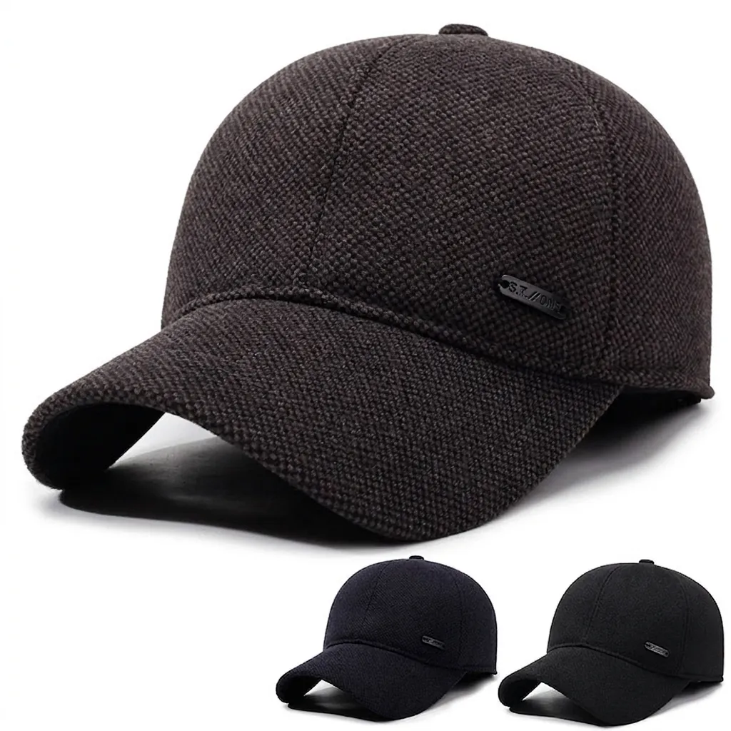 Men Winter Baseball Cap With Ear Protection Warm Wool Blend Windproof Adjustable Textured Outdoor Sport Hat