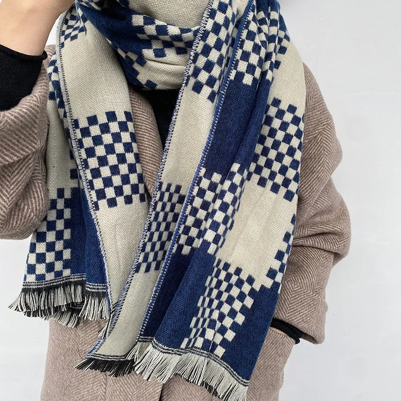 Warm Winter Scarf Thick Faux Cashmere Shawl Checkerboard Plaid Tassels Soft Color Block Universal Neck Warmer Accessory