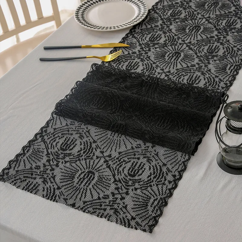 Halloween Table Runner Black Lace Spider Web Ghost Hand Pattern Hollow Out Polyester Decoration For Party Home Dining