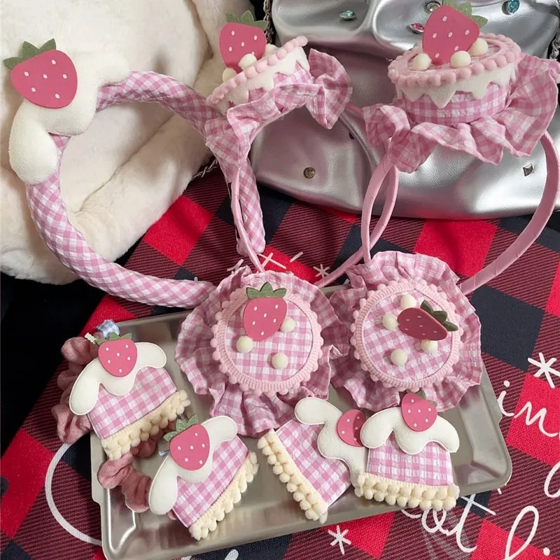 Sweet Pink Plaid Strawberry Cake Handmade Fabric Hair Clips And Headbands For Women Girls