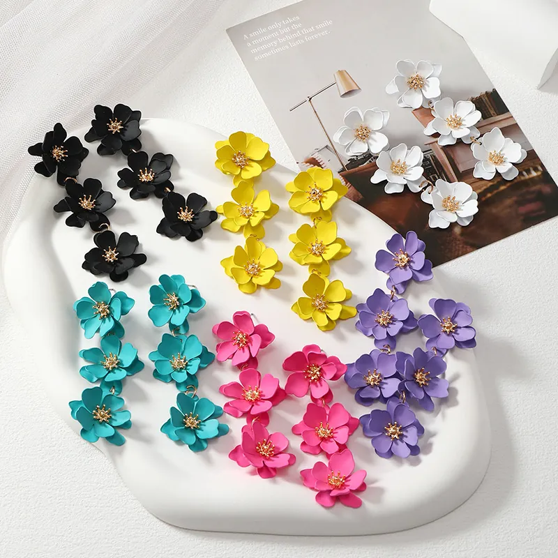 Long Flower Drop Earrings For Women Elegant Tiered Floral Design Alloy With Stainless Steel Earring Post Colorful Matte Finish