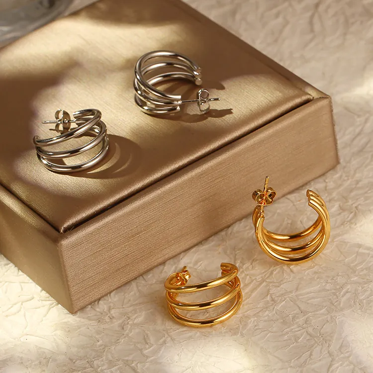 Multi Layer Stainless Steel Earrings Geometric Irregular Round C Shape Gold Silver Color Chic Minimalist Fashion Women