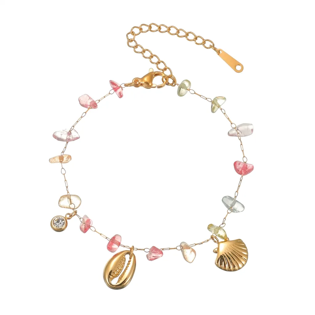 Women 18K Gold Plated Stainless Steel Shell Stone Charm Bracelet Ocean Theme Sea Snail Shell Starfish Rhinestone Bracelet Jewelry
