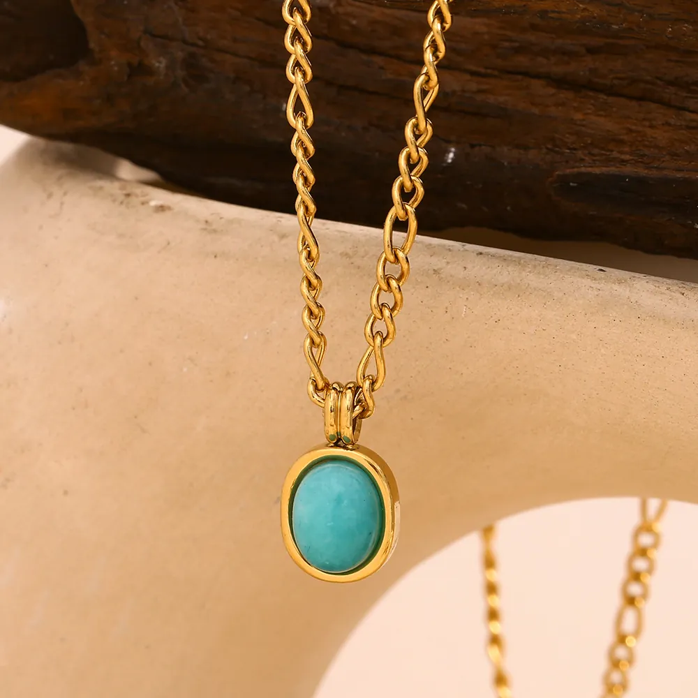Collana Con Pendente Acciaio Inossidabile Placcato Oro 18K Amazonite Pietra Naturale Ovale Vintage Donna