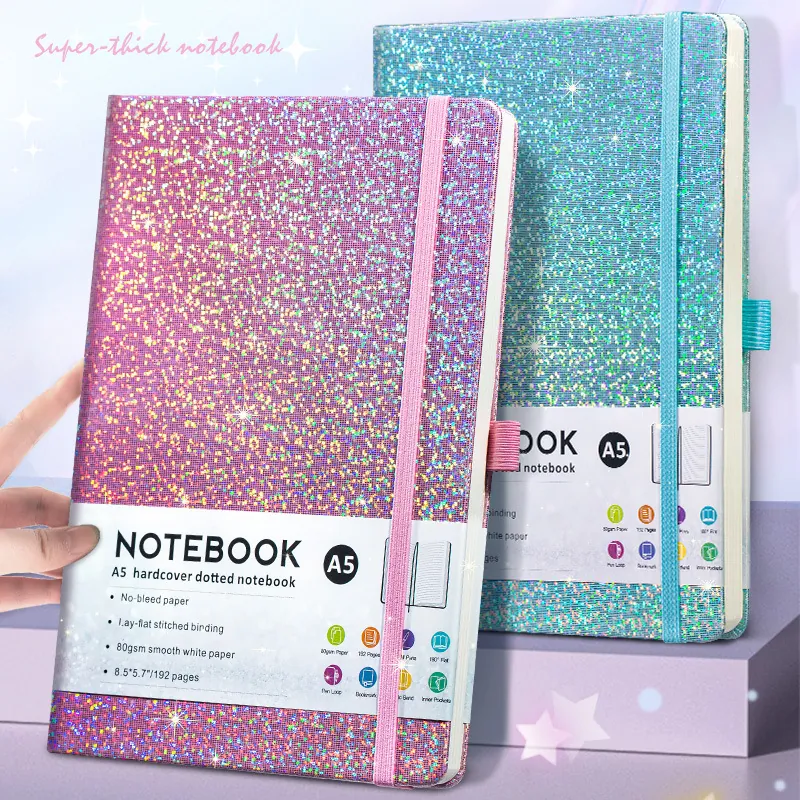 A5 Hardcover Notebook Glitter PU Leather Journal Elastic Band Pen Loop Office School Stationery