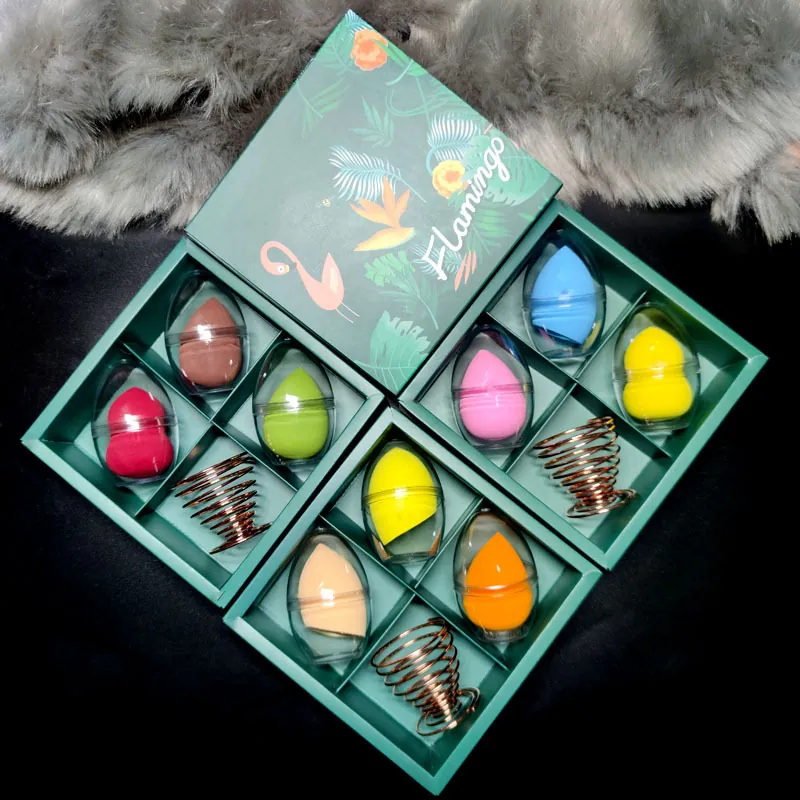 Professional Makeup Sponges With Metal Drying Stand And Transparent Storage Cases Flamingo Theme Gift Box Beauty Tools