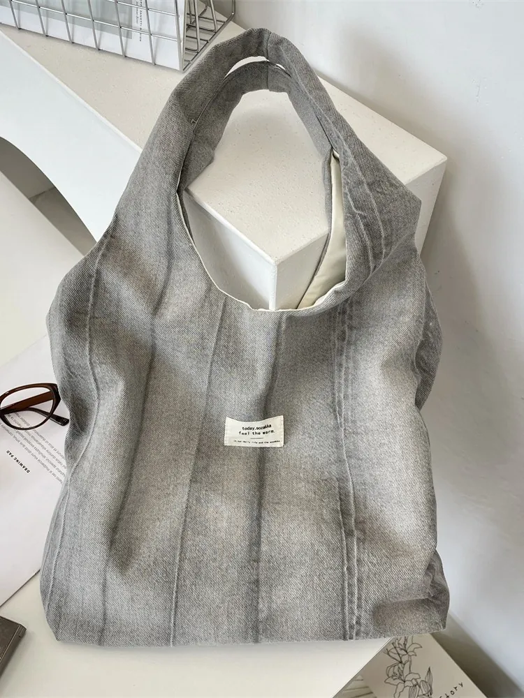 Women Large Capacity Tie-Dye Denim Shoulder Bag Washed Canvas Tote Bag For Daily Shopping Streetwear Retro Style
