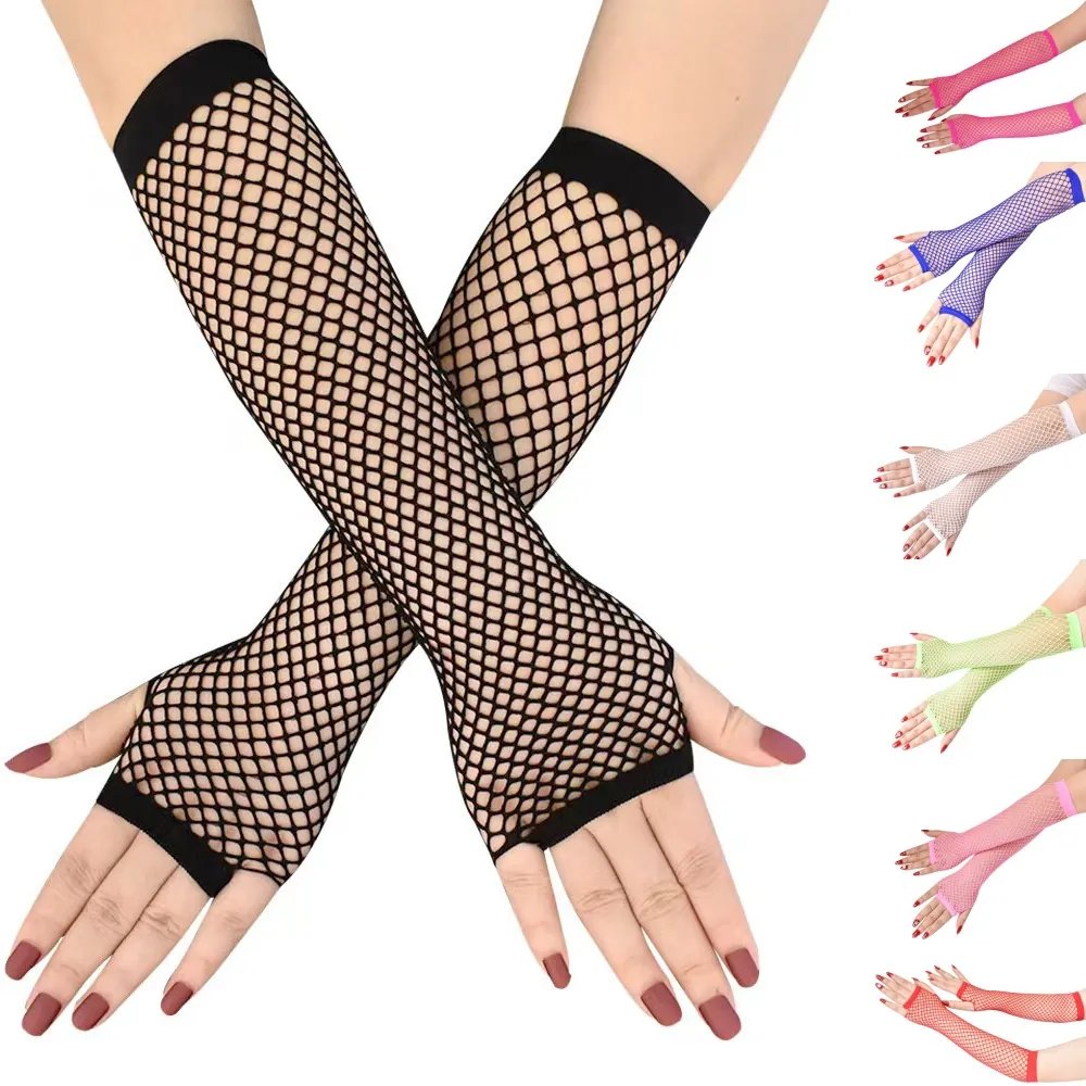 Long Fishnet Gloves Fingerless Mesh Arm Sleeves Nylon Elastic Retro Party Dance Accessories Unisex