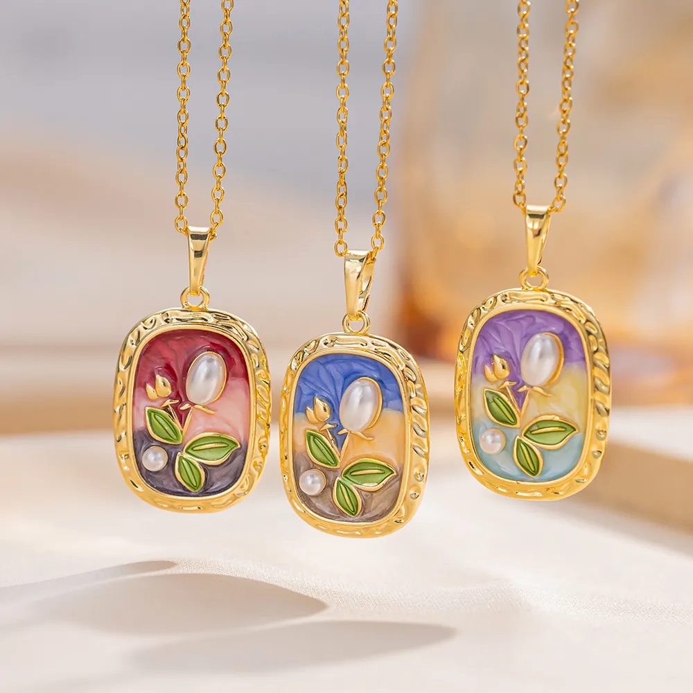 Collana Con Pendente Ovale In Fiore Di Smalto Vintage Francese Catena In Acciaio Inossidabile Con Perla Artificial Finta
