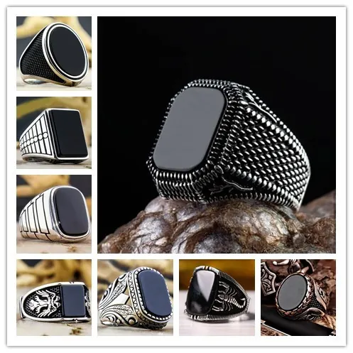 Men Vintage Signet Ring Alloy With Square Black Agate Gemstone Retro Engraved Pattern Gothic Industrial Style Jewelry