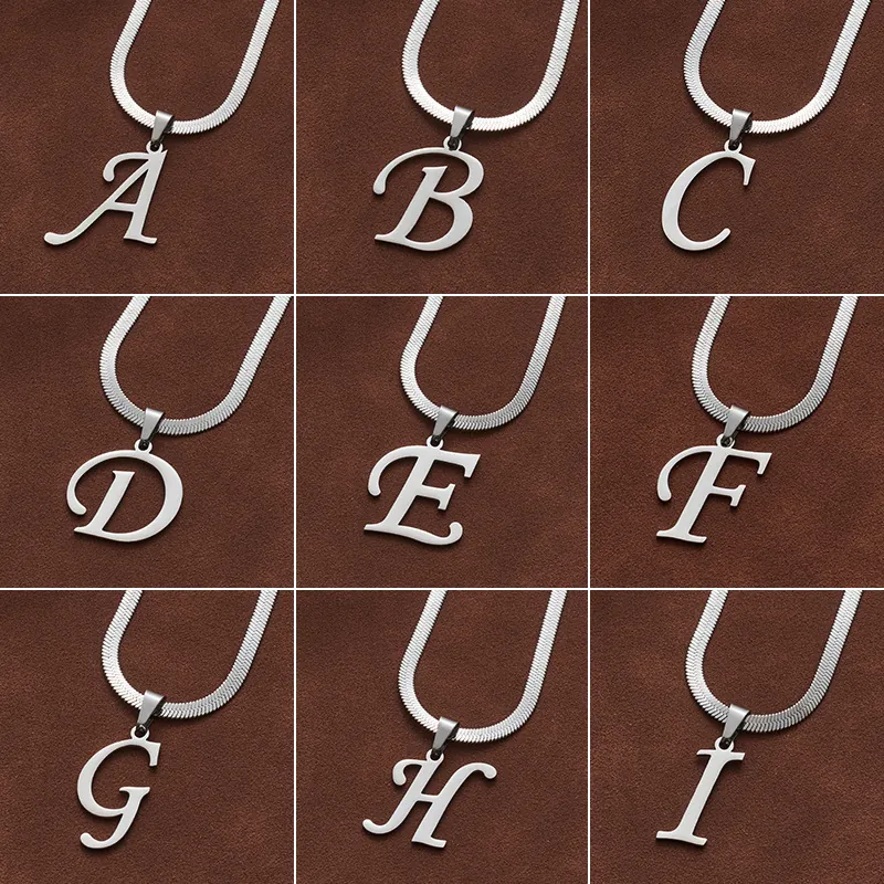 Stainless Steel Initial Letter Pendant Necklace Silver Polished Snake Chain For Women Men Unisex Minimalist Hip Hop Jewelry
