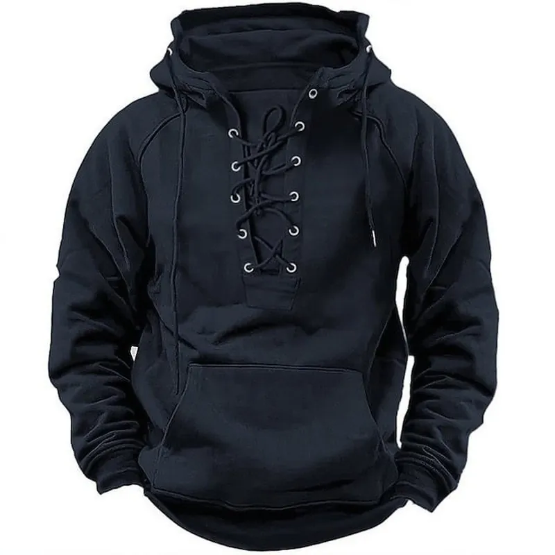 Camiseta con Capucha Retro con Cordones para Hombre Color Sólido Casual Talla Grande Sudadera de Manga Larga con Bolsillo de Canguro