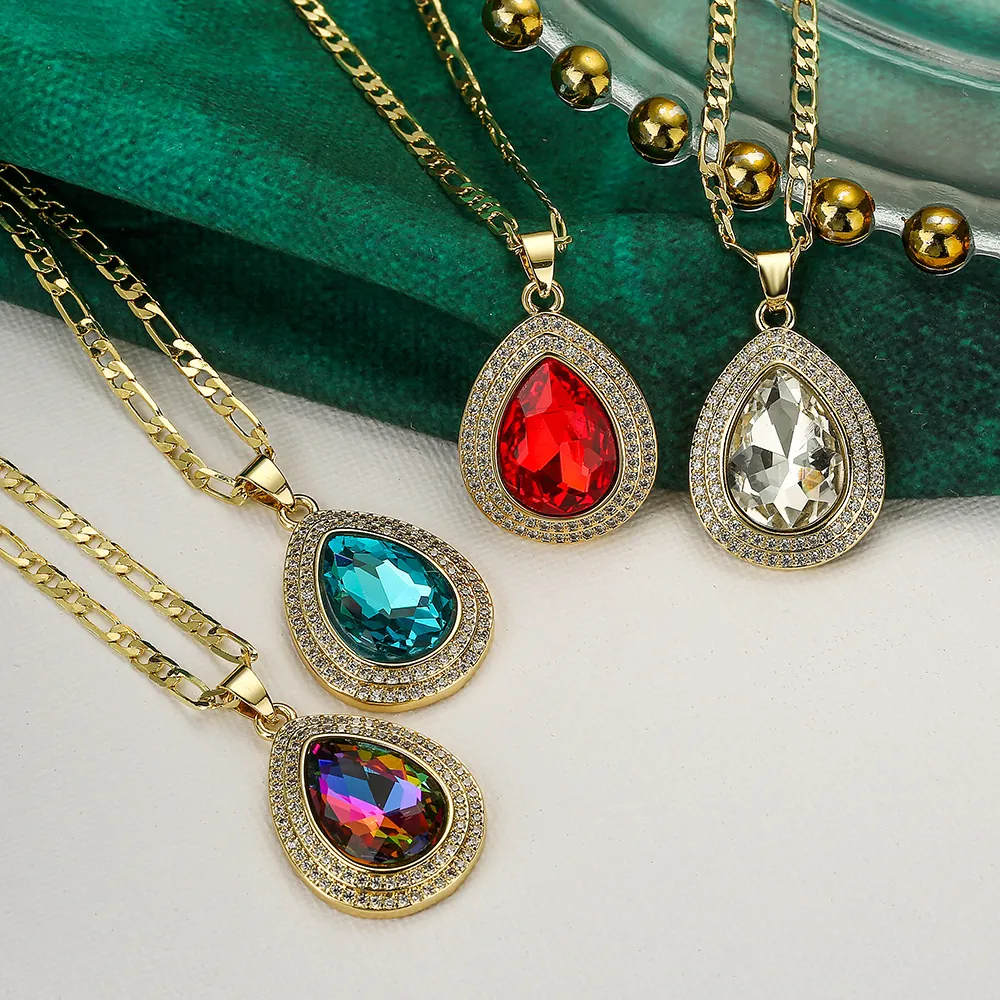 Collar Con Colgante De Gota De Agua Cobre Chapado En Oro Con Halo De Circonita Cadena Figaro Joyería Elegante Mujer
