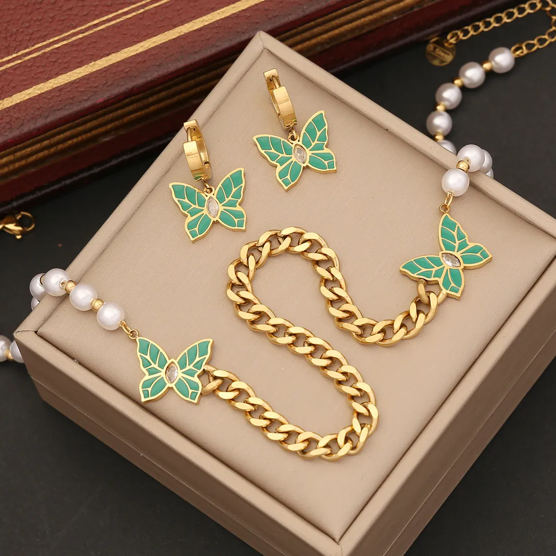 Collier Bracelet Et Boucles D'oreilles Papillon Acier Inoxydable Émail Vert Künstliche Perle Élégant Mode Pour Femmes