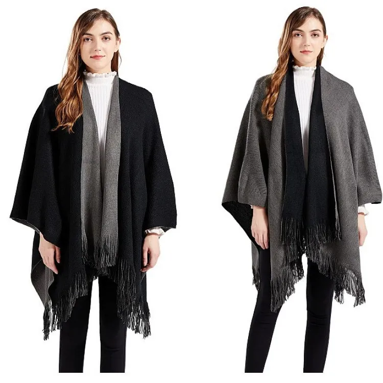 Scialle Poncho in Maglia a Doppia Faccia da Donna Tinta Unita Nappa Caldo Inverno Lavorazione a Ordito Mantella Casual Moda