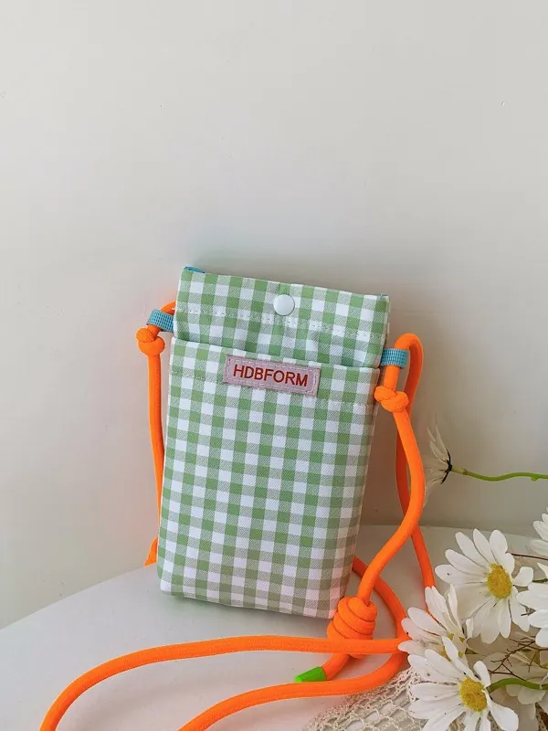 Gingham Check Canvas Phone Crossbody Bag Mini Square Shoulder Purse With Contrast Knot Rope Strap Casual Fashion For Women