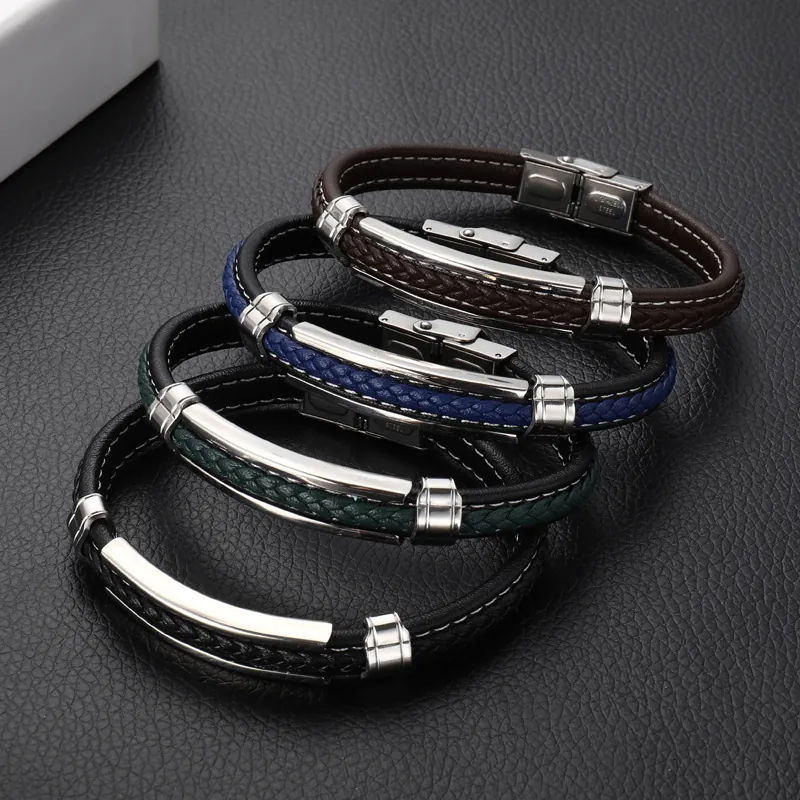 Bracelet En Cuir Microfibre Tressé Pour Homme Avec Barre D'Identité Polie En Acier Inoxydable Fermoir Magnétique Bijoux Multicouches Cadeau
