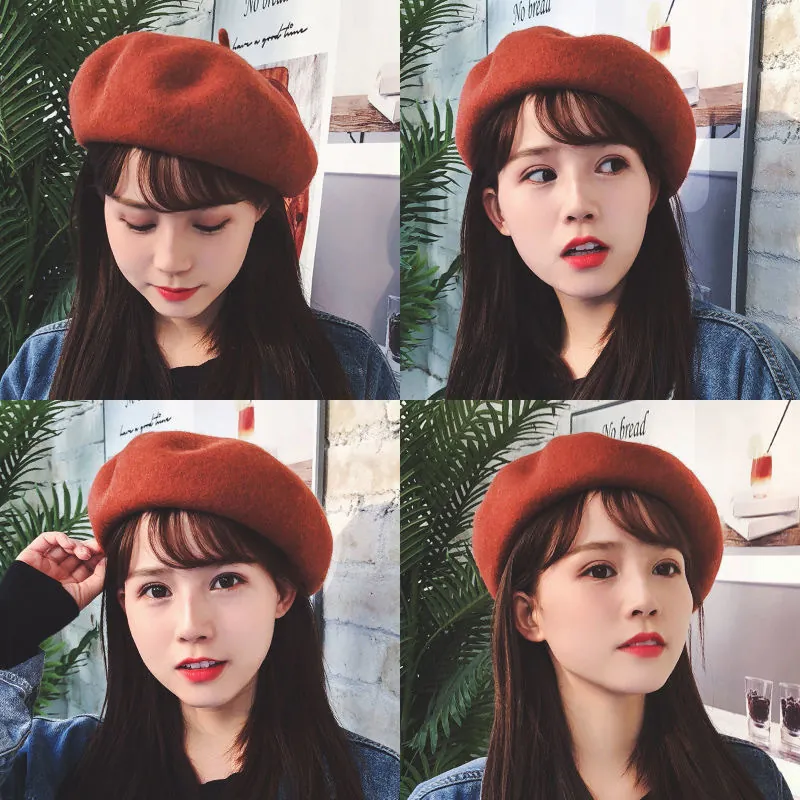 Women Retro Wool Beret Hat French Artist Style Winter Warm Painter Cap Curled Edge Solid Color Elegant Fashion Headwear