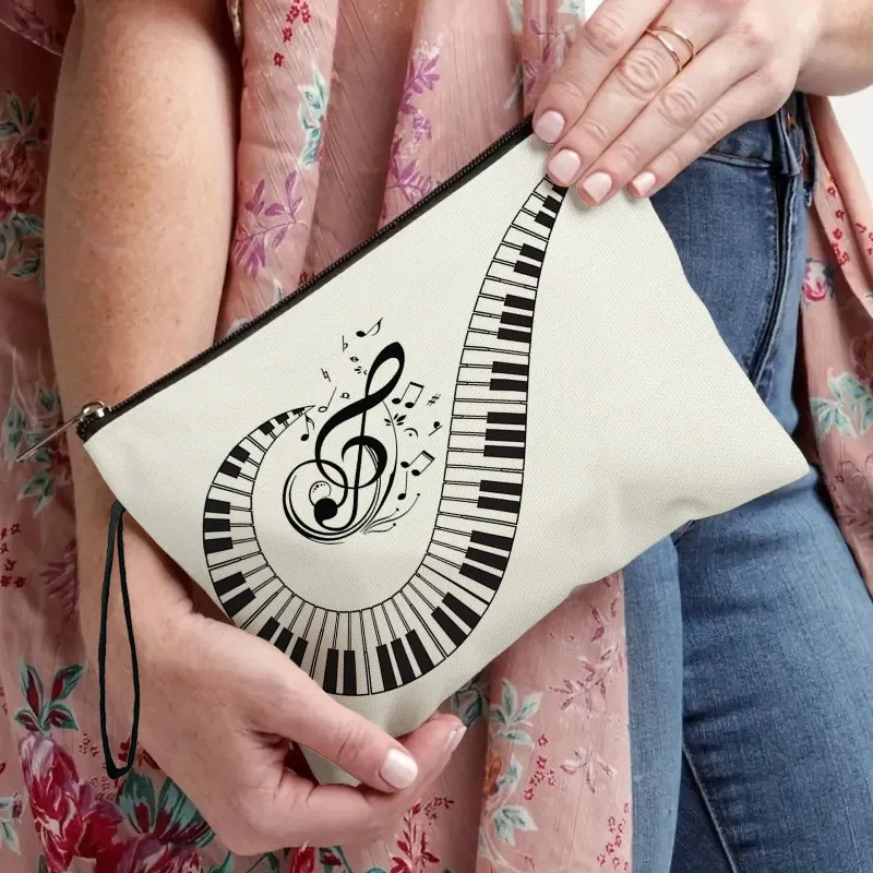 Piano Music Note Print Cosmetic Bag Imitation Linen Portable Toiletry Pouch With Zipper And Hand Strap