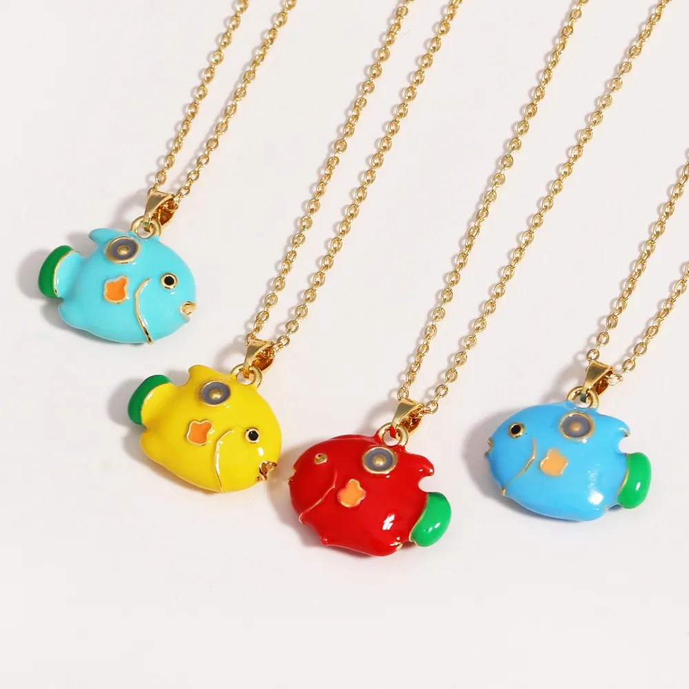 Collana Con Ciondolo A Forma Di Pesce Cartone Animato Animale Marino Smalto Goccia Olio Catena Metallo Dorato Gioielli Estate