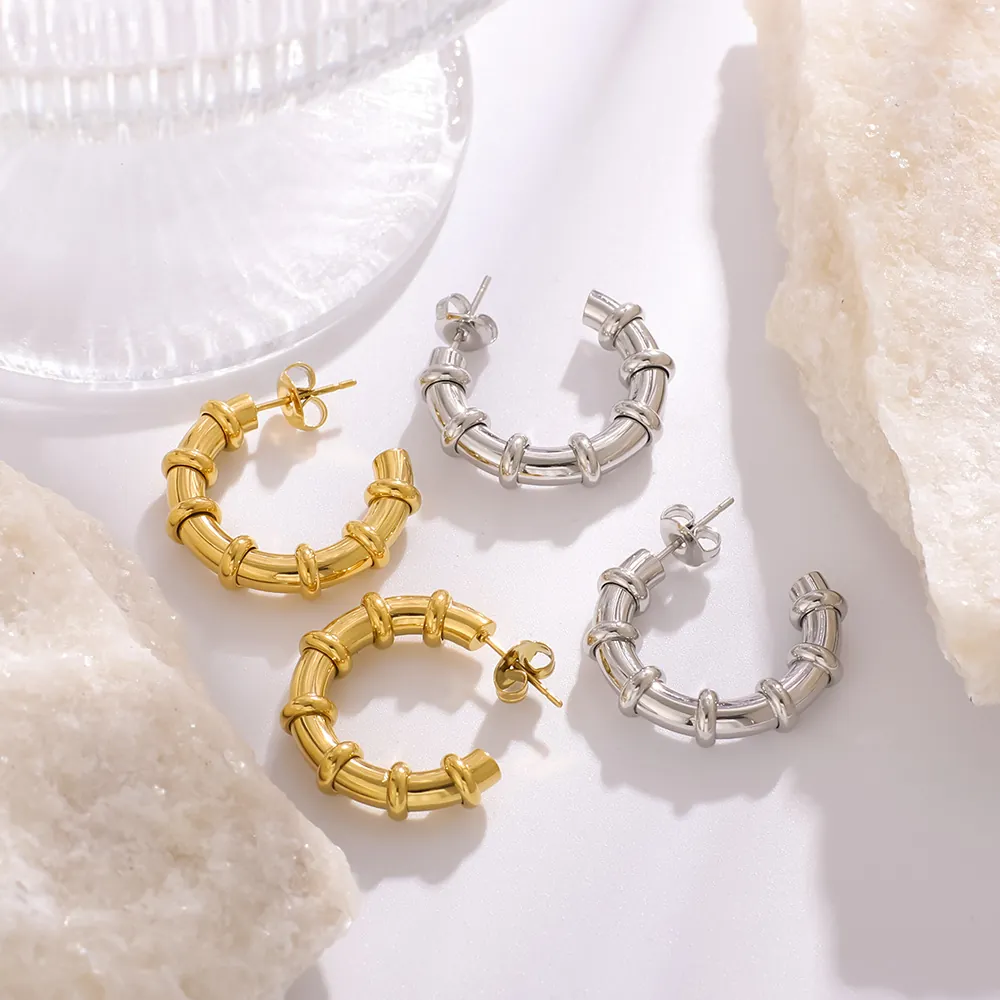 Orecchini A Cerchio A Forma Di C Placcati Oro 18K Acciaio Inossidabile Texture Intrecciata Gioielli Di Moda Per Donna