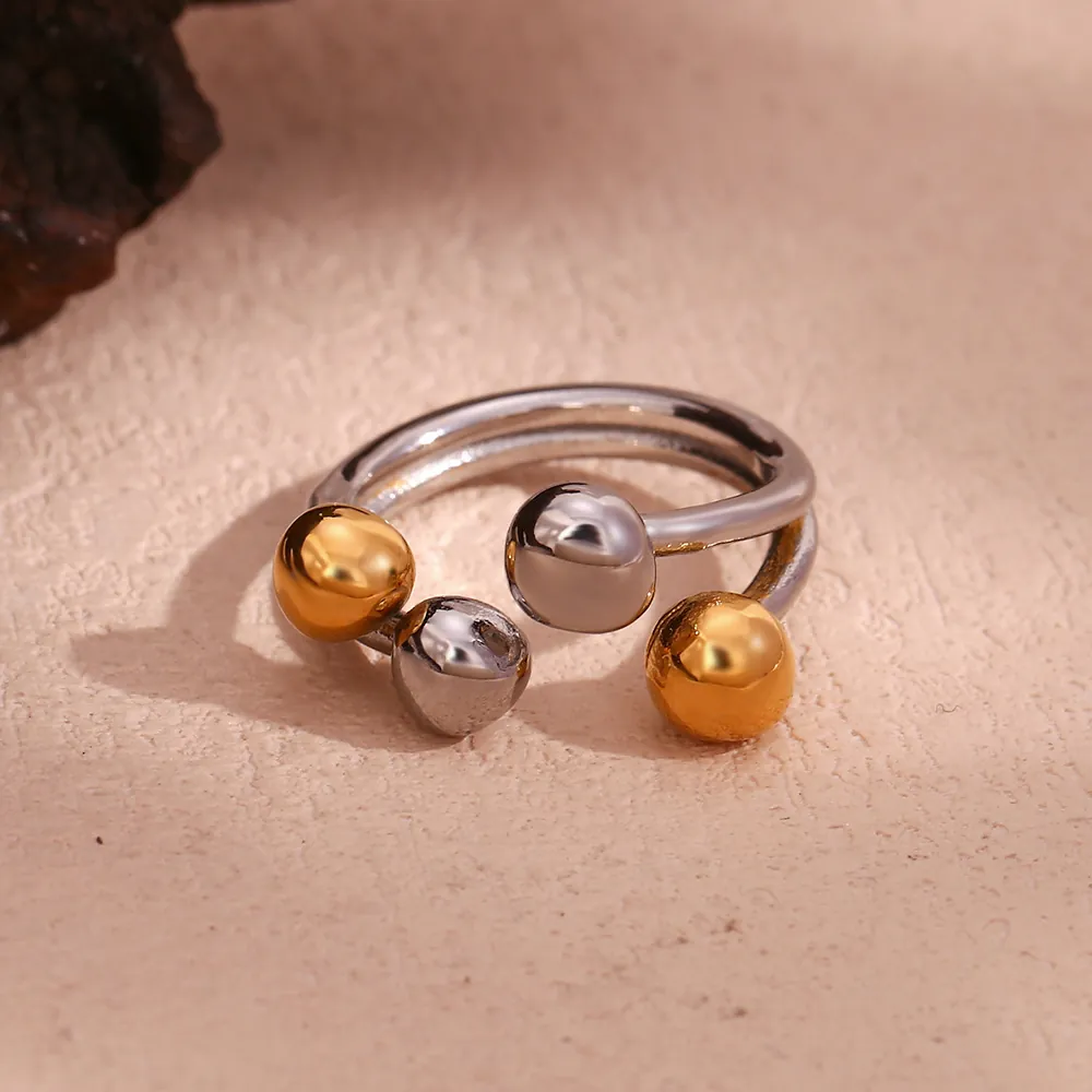 Fashion Stainless Steel Open Ring For Women Two Tone Gold Silver Circular Bead Geometric Adjustable Minimalist Finger Ring