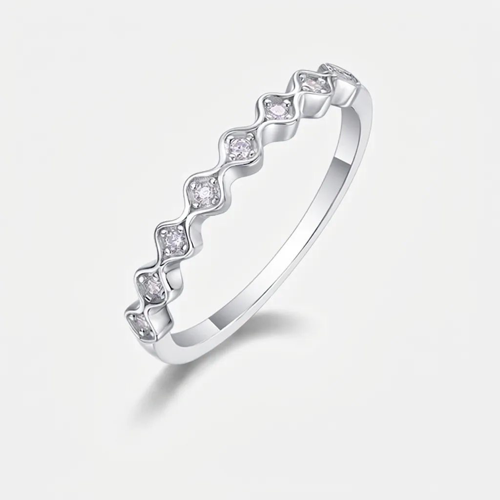 925 Sterling Silver Moissanite Wave Ring For Women Scalloped Eternity Pave Band Fashion Minimalist Commuter Jewelry Ring Gift