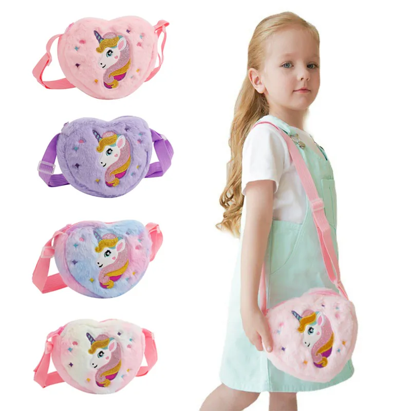 Girls Heart Shaped Plush Crossbody Bag Cute Unicorn Embroidery Faux Fur Shoulder Purse For Kids Daily Outfit