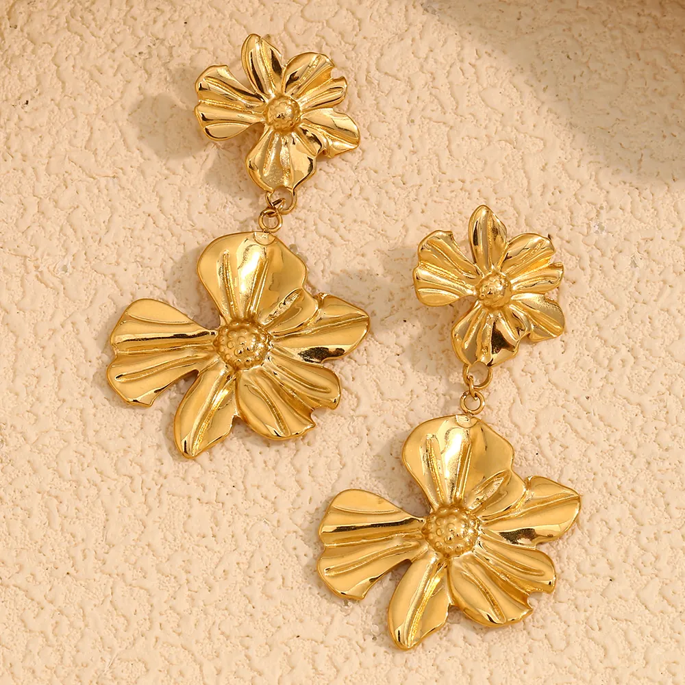 Vintage 18K Gold Plated Stainless Steel Double Flower Drop Earrings For Women Fashion Ins Style Floral Jewelry Gift