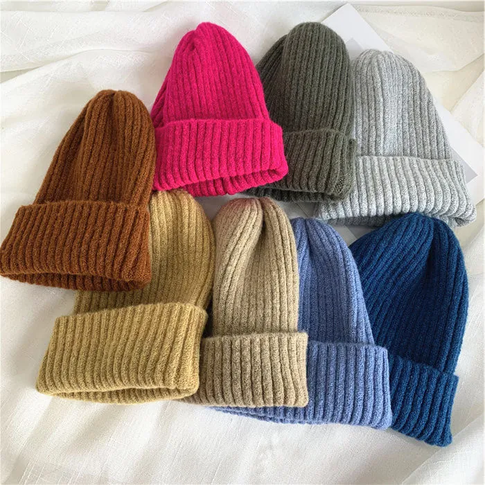 Knit Beanie Hat Ribbed Acrylic Mohair Warm Cuffed Solid Color Winter Casual Pullover Headwear For Women Men Korean Style