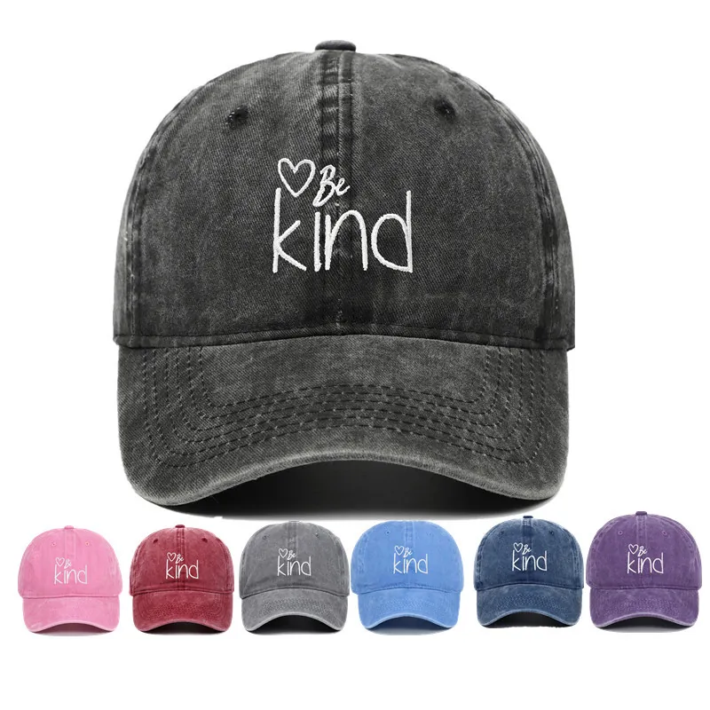 Washed Cotton Baseball Cap Embroidered Be Kind Heart Vintage Distressed Adjustable Soft Top Sun Hat