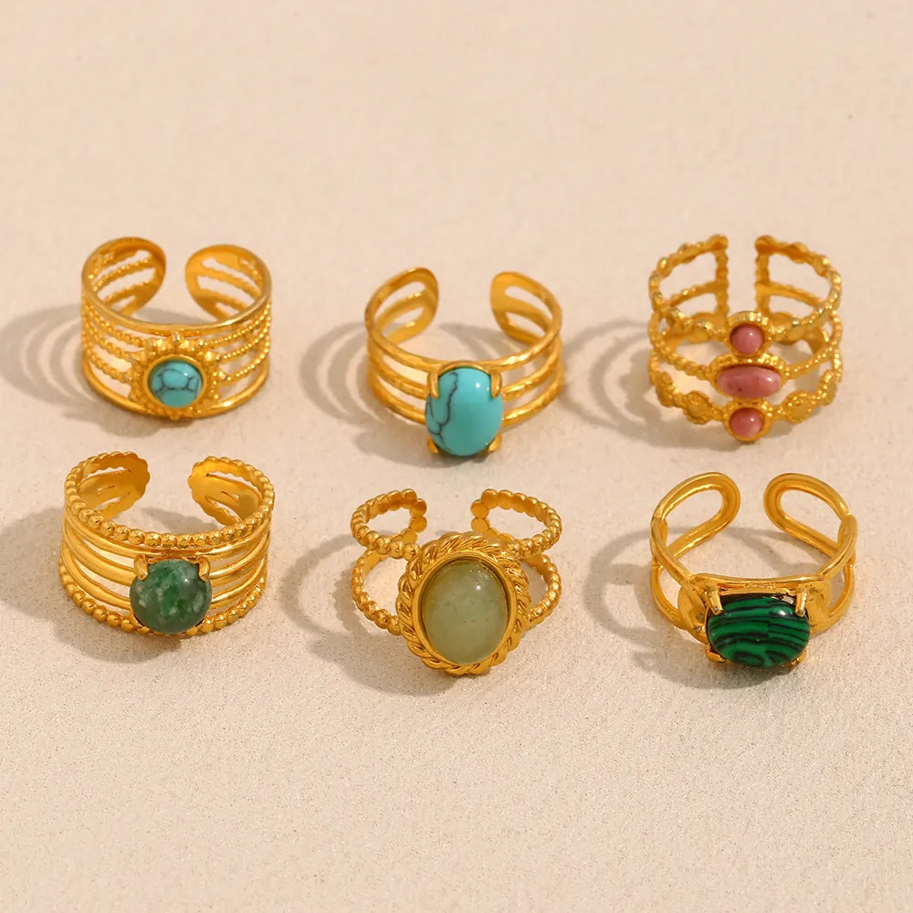 Vintage Stainless Steel 18K Gold Plated Natural Stone Open Rings For Women Bohemian Geometric Adjustable Double Layer Finger Ring Jewelry