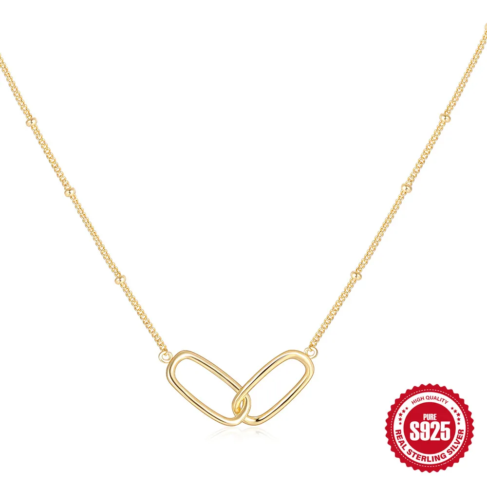 Minimalist 925 Sterling Silver U Shaped Double Ring Pendant Necklace For Women Gold Silver Plated Fashion Bead Chain Jewelry