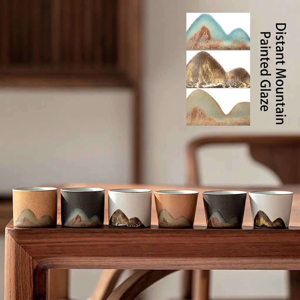 Ceramic Teacup Vintage Stoneware Hand Painted Distant Mountain Zen Style Kung Fu Tea Tasting Cup Small Capacity