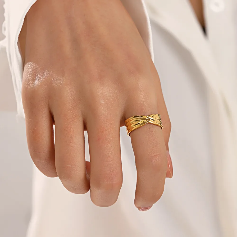 Anello Aperto Geometrico Intrecciato Acciaio Inossidabile Placcato Oro Regolabile Linea Ondulata Gioielli Minimalisti Da Donna