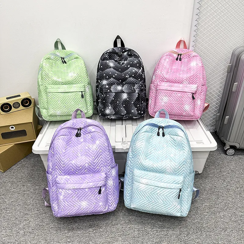 Mochila De Nylon Con Patrón De Corazón Acolchada De Moda Impermeable Gran Capacidad Bolsa Escolar Brillante Para Niñas Mujeres