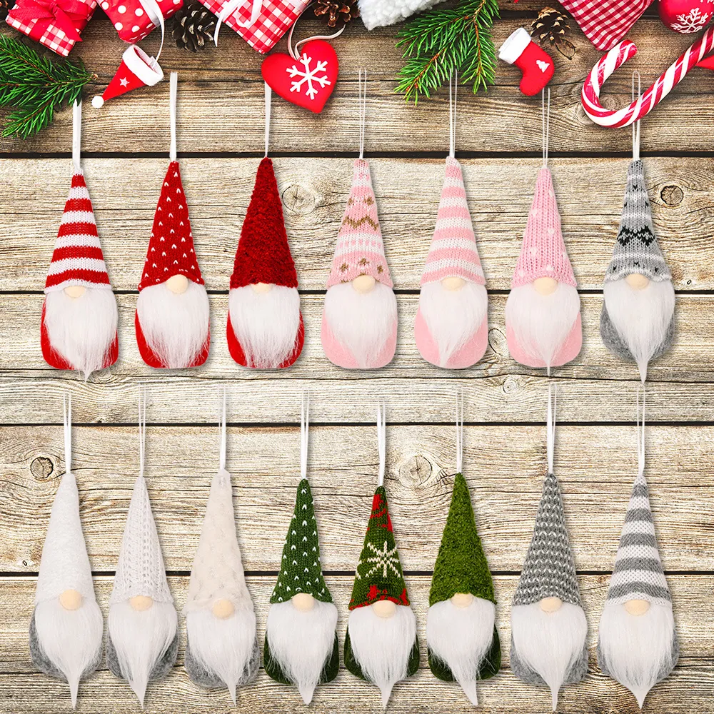 Christmas Gnome Hanging Ornament Knitted Hat Faux Fur Beard Plush Tomte Doll For Holiday Tree Home Decor Nordic Style